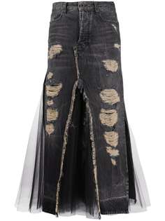 UNRAVEL PROJECT джинсовая юбка с прорезями и вставкой из тюля