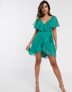 Платье мини с разрезами на рукавах и завязками на плечах ASOS DESIGN-Зеленый