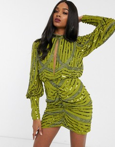 Платье мини с вырезом и длинными рукавами ASOS DESIGN-Зеленый