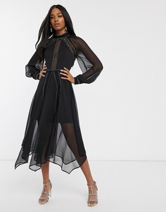Шифоновое платье миди с кружевом и вырезом ASOS DESIGN-Черный