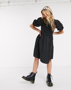 Черное платье из хлопкового поплина в горошек Monki-Мульти