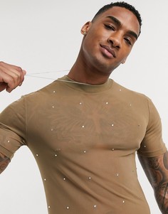 Обтягивающая бежевая футболка со стразами ASOS DESIGN-Бежевый