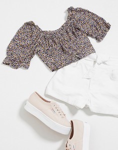 Кроп-топ с пышными рукавами и цветочным принтом Vila-Мульти