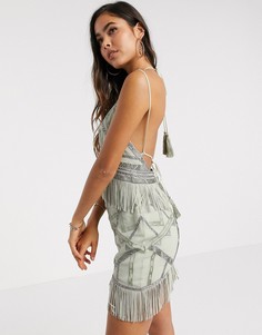 Платье мини с заклепками, бахромой и вышивкой металлик ASOS DESIGN-Зеленый