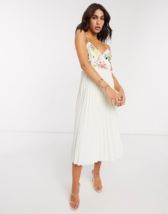 Кремовое платье миди с запахом и вышивкой ASOS DESIGN-Кремовый