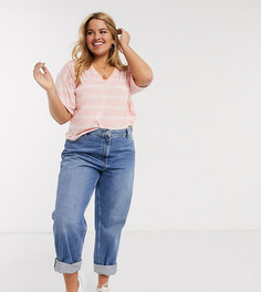 Розовая футболка в полоску с V-образным вырезом и добавлением льна ASOS DESIGN Curve-Светло-коричневый
