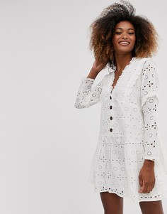 Белое свободное платье мини с вышивкой ришелье и пуговицами ASOS DESIGN-Белый