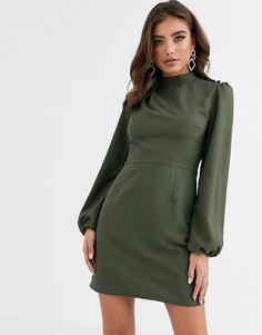 Платье мини хаки с длинными рукавами и высоким воротником ASOS DESIGN-Зеленый