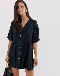 Черное свободное платье мини с пуговицами и V-образным вырезом ASOS DESIGN-Черный