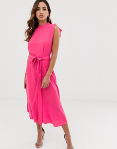 Ярко-розовое платье миди с высоким воротом и разрезами на коротких рукавах ASOS DESIGN-Розовый