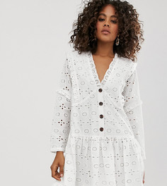 Белое свободное платье мини с вышивкой и ришелье и пуговицами ASOS DESIGN Tall-Белый