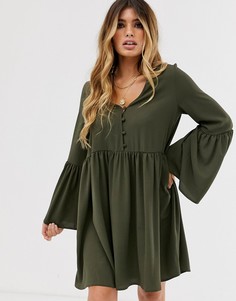 Свободное платье мини хаки на пуговицах с расклешенными рукавами ASOS DESIGN-Зеленый