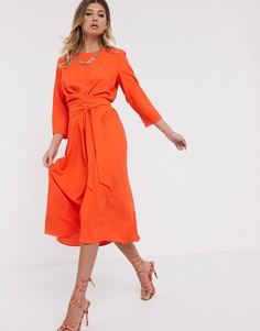 Оранжевое приталенное платье миди с поясом ASOS DESIGN-Оранжевый