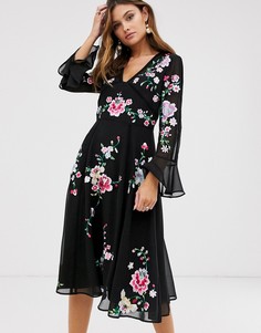 Черное платье миди с вышивкой и кружевом ASOS DESIGN-Черный