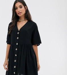 Черное свободное платье мини с V-образным вырезом и пуговицами ASOS DESIGN Petite-Черный