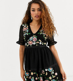 Черное платье мини с кружевной отделкой и вышивкой ASOS DESIGN Petite-Черный