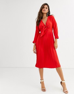 Красное платье миди с плиссированной юбкой и завязкой ASOS DESIGN-Красный