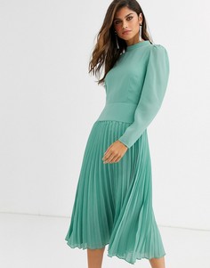 Шалфейно-зеленое платье миди с длинными рукавами и плиссировкой ASOS DESIGN-Зеленый