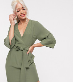 Платье-футляр мини хаки с V-образным вырезом и рукавами-кимоно ASOS DESIGN Petite-Зеленый