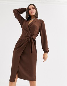 Коричневое платье миди с запахом и воротником ASOS DESIGN-Коричневый