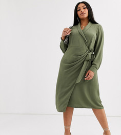 Платье миди цвета хаки с запахом и воротником ASOS DESIGN Curve-Зеленый