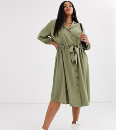 Платье-рубашка миди на пуговицах цвета хаки ASOS DESIGN Curve-Зеленый