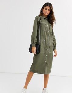 Платье-рубашка миди цвета хаки в стиле милитари ASOS DESIGN-Зеленый