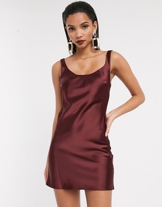 Бордовое атласное платье-комбинация мини с глубоким вырезом ASOS DESIGN-Красный