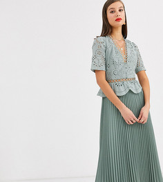 Чайное платье миди на пуговицах с вышивкой ришелье и плиссировкой ASOS DESIGN Tall-Зеленый