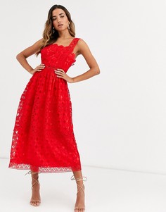 Красное платье миди для выпускного с вышивкой ришелье ASOS DESIGN-Красный