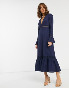 Темно-синее платье макси с вышивкой ришелье и рукавами клеш ASOS DESIGN-Темно-синий