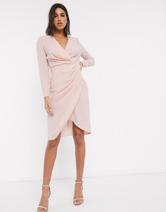 Светло-розовое платье миди с запахом и длинными рукавами ASOS DESIGN-Розовый