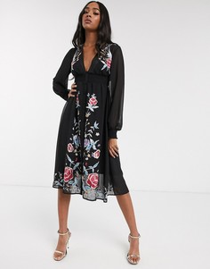 Черное платье миди на пуговицах с вышивкой и длинными рукавами ASOS DESIGN-Черный