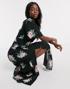Черное платье макси с цветочным принтом и расклешенными рукавами Miss Selfridge-Черный