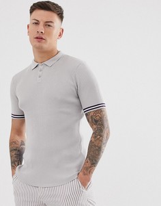 Серое трикотажное обтягивающее поло в рубчик с окантовкой ASOS DESIGN-Серый