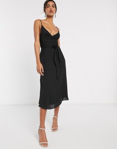 Платье миди с запахом и завязкой на талии ASOS DESIGN-Черный
