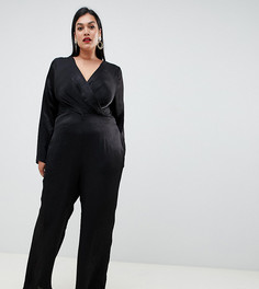 Атласный комбинезон с запахом и складками ASOS DESIGN Curve-Черный