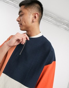 Oversized-футболка в стиле колор блок с бейсбольным воротом на молнии ASOS DESIGN-Темно-синий