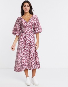 Красное платье миди с цветочным принтом Topshop-Мульти