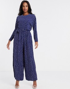 Темно-синий комбинезон в горошек с длинными рукавами и поясом ASOS DESIGN-Мульти