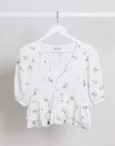 Белая блузка на пуговицах с сине-голубым цветочным принтом Miss Selfridge-Белый