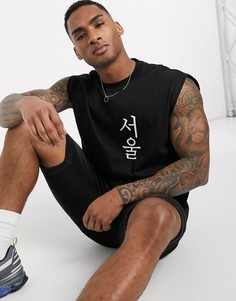 Черная oversized-футболка без рукавов с принтом ASOS DESIGN-Черный