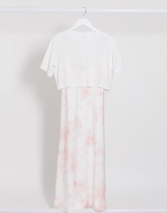 Платье-комбинация миди 2 в 1 с розовым принтом тай-дай и белой футболкой AllSaints-Белый