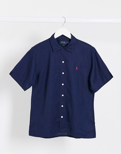 Темно-синяя рубашка из ткани на основе льна с короткими рукавами Polo Ralph Lauren-Темно-синий