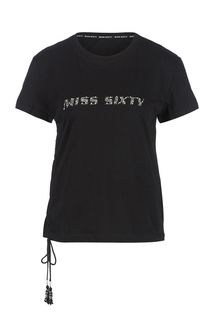 Черная хлопковая футболка с отделкой стразами Miss Sixty