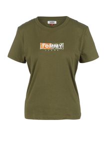 Футболка из хлопка цвета хаки с вышивкой Tommy Jeans