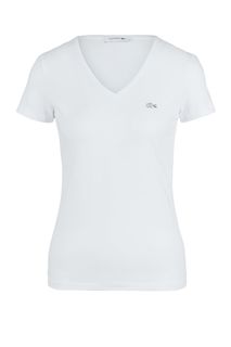 Белая хлопковая футболка с треугольным вырезом Lacoste