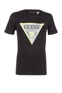 Черная хлопковая футболка со светоотражающим принтом Guess