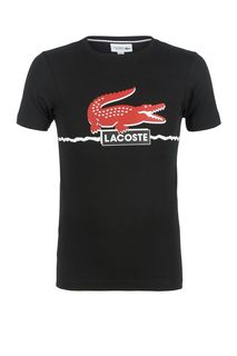 Черная хлопковая футболка с декоративным принтом Lacoste