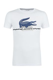 Белая хлопковая футболка с декоративным принтом Lacoste